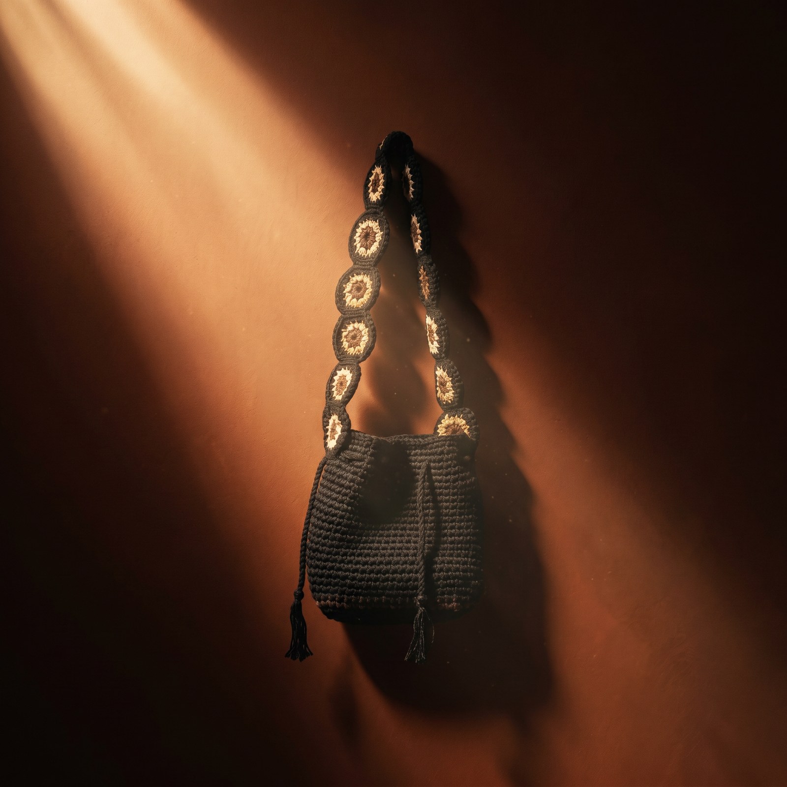 Bolsa Olhos da Terra · peça preta pendurada em parede terracota · luz dourada cinematográfica · TUÁ