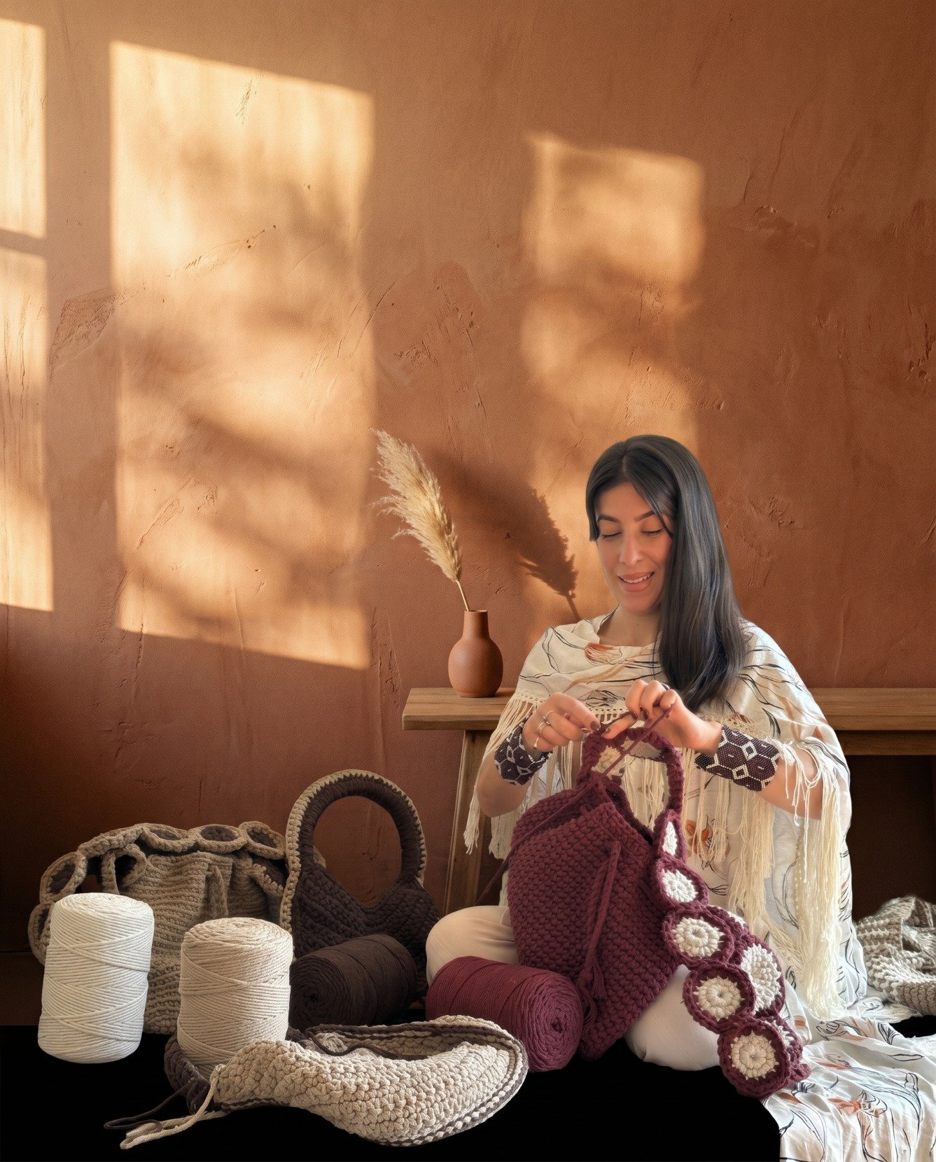 Gabriela Rizzo no ateliê · parede terracota · luz dourada · bolsas e novelos · TUÁ